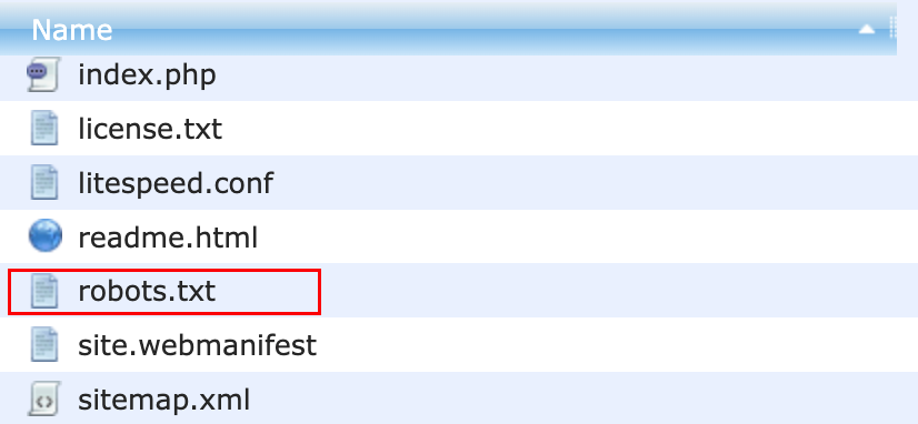 Файловый менеджер хостинга со списком файлов в корне сайта: index.php, license.txt, litespeed.conf, readme.html, robots.txt (выделен), site.webmanifest, sitemap.xml